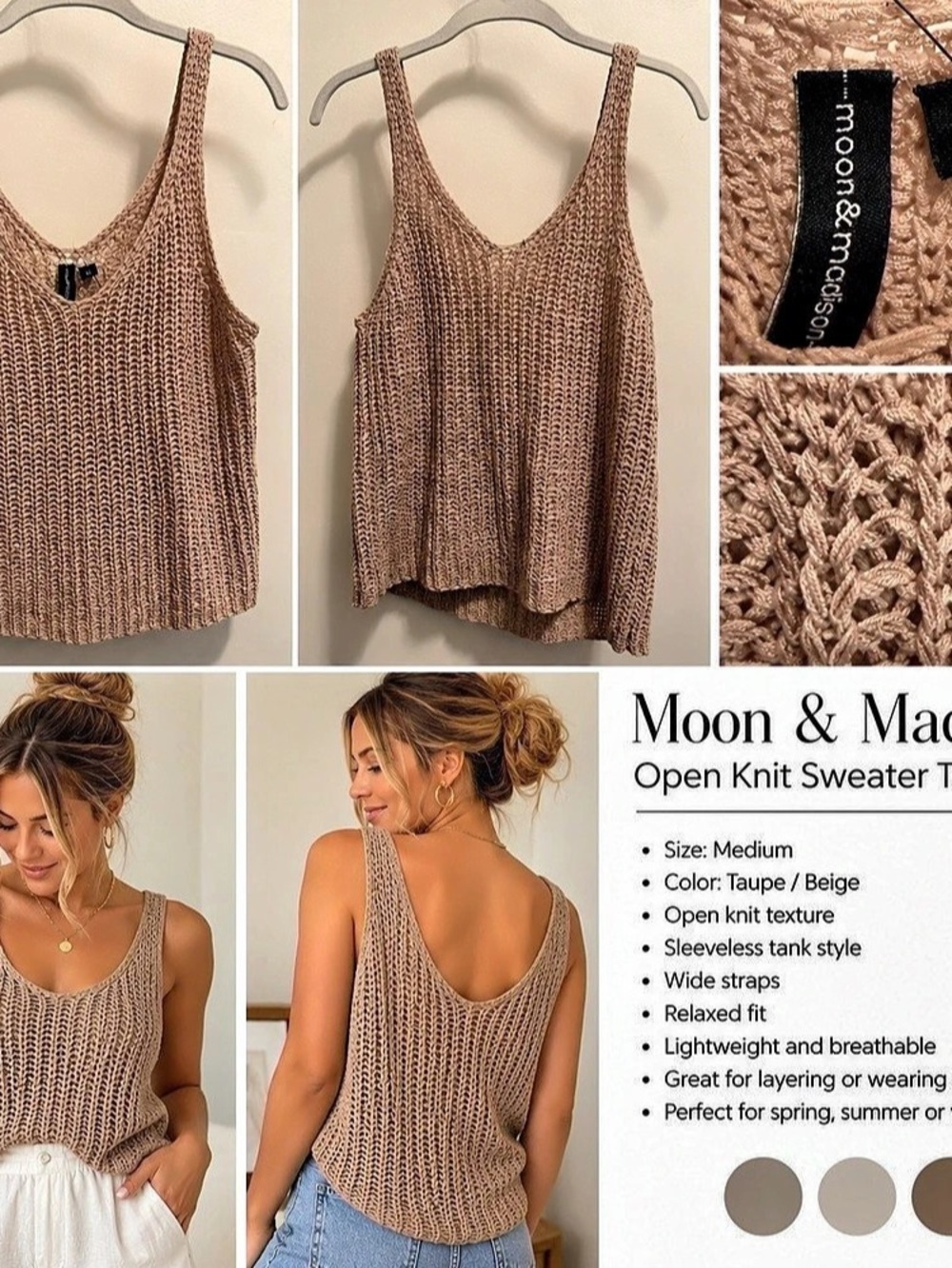 Moon & Madison Open Knit Sweater Tank in Brown Medium Like New